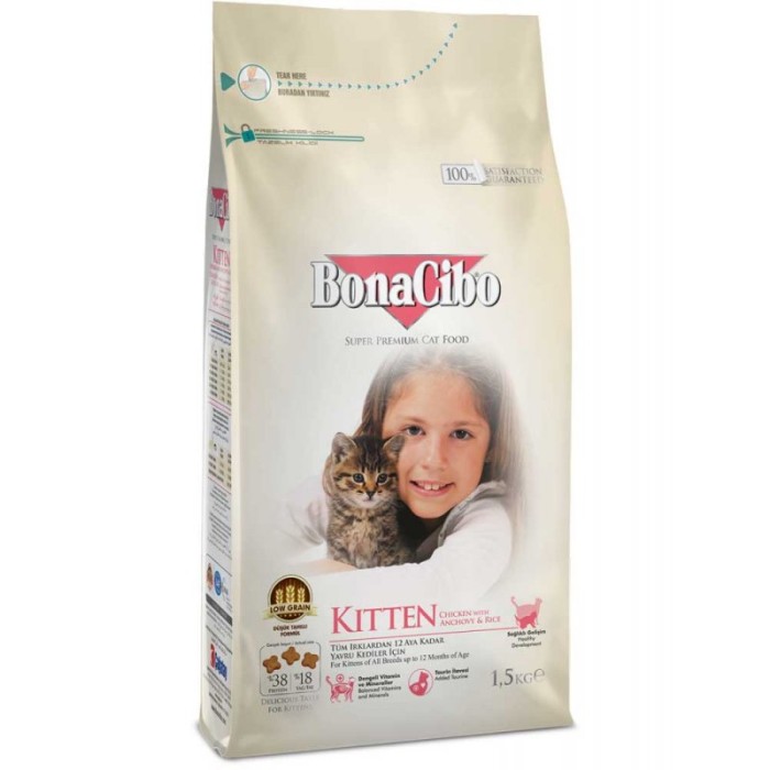 Сухой корм BonaCibo Kitten для котят всех пород, курица/анчоусы/рис, 1.5 кг
